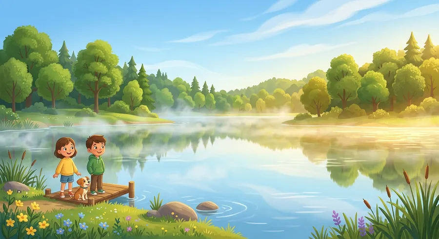 Misty water vapour rising from a sunlit lake as water evaporates