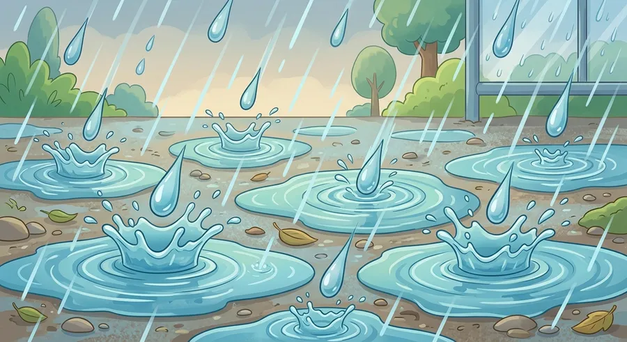Heavy raindrops falling and splashing into puddles on the ground