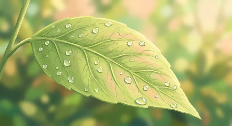 Tiny water droplets resting on a green leaf in the morning