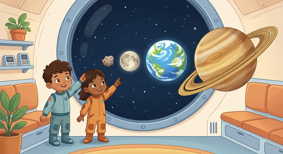 Children explore the concept of big and small by comparing things found in space.