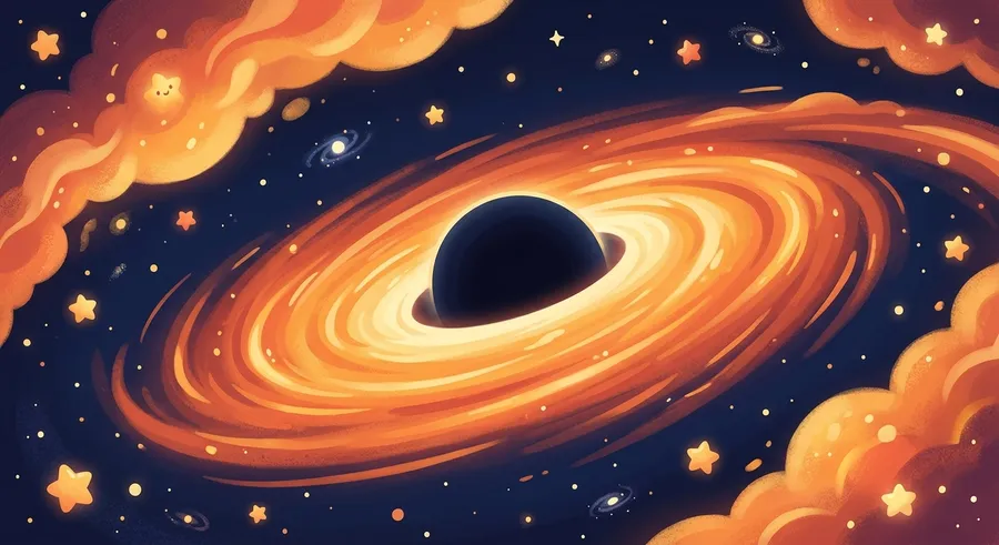 A flat, glowing disc of gas spiralling inward toward a black hole