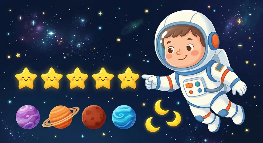 Little ones practice counting up to 5 using stars, planets, and moons.