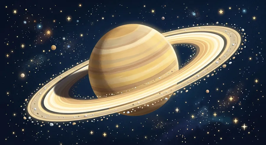 The planet Saturn surrounded by its spectacular bright rings