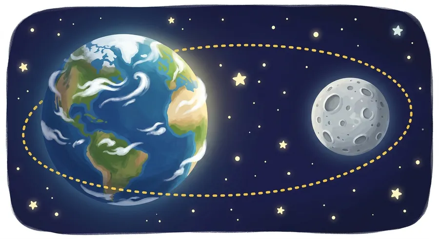 The Moon circling the Earth, held in orbit by gravity