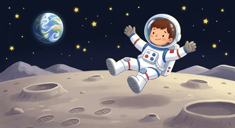 An astronaut bounding across the Moon in its weak gravity