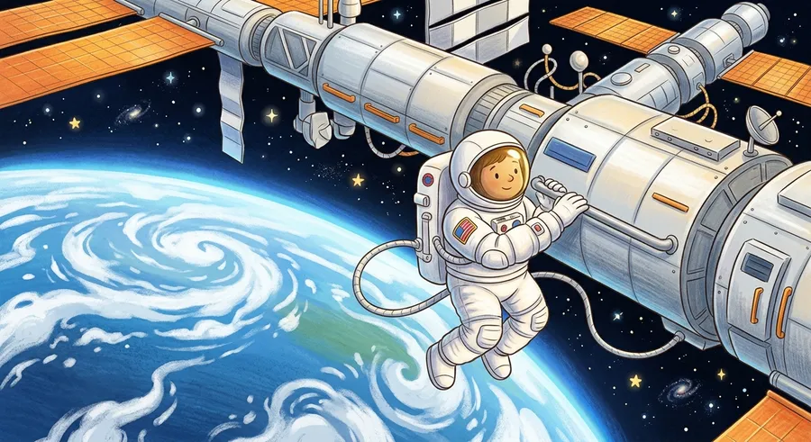 An astronaut on a spacewalk in a white spacesuit outside the station
