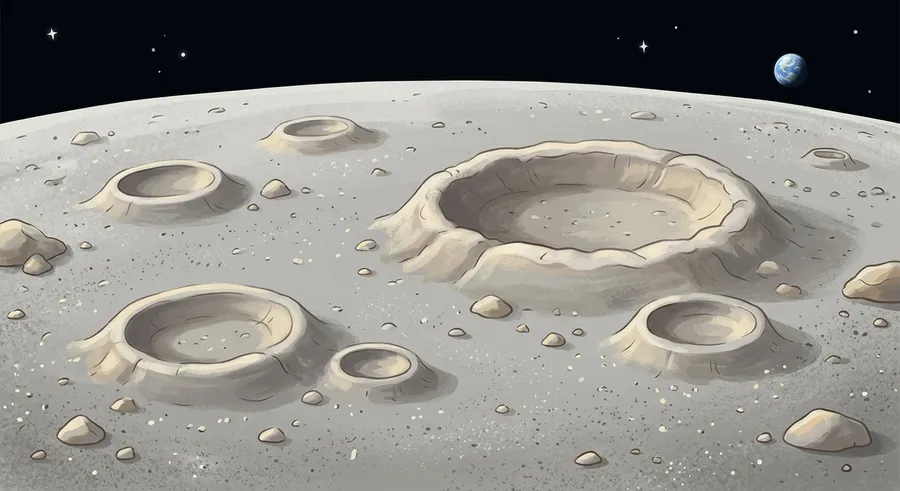 Bowl-shaped craters covering the grey, dusty surface of the Moon