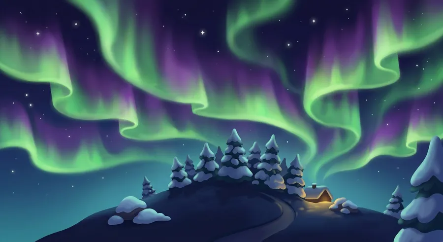 Curtains of green and purple aurora rippling across the night sky