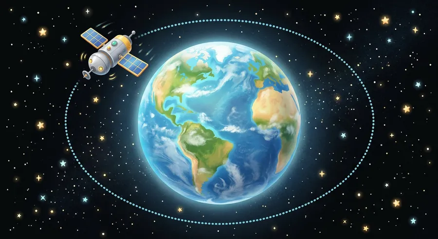 A satellite circling Earth in a curved orbital path