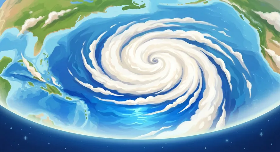 A satellite view of swirling clouds and a storm over Earth