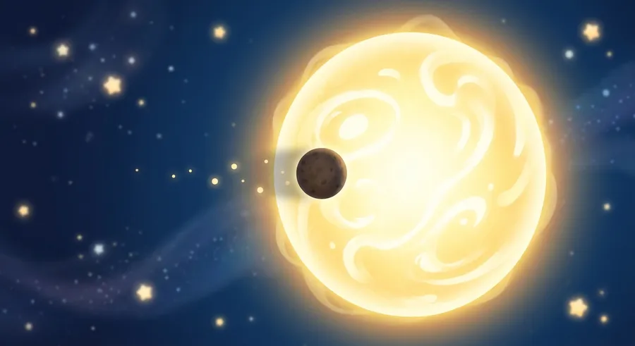A planet crossing in front of its star, dimming the starlight slightly