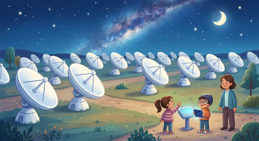 A field of radio telescope dishes scanning the sky for signals