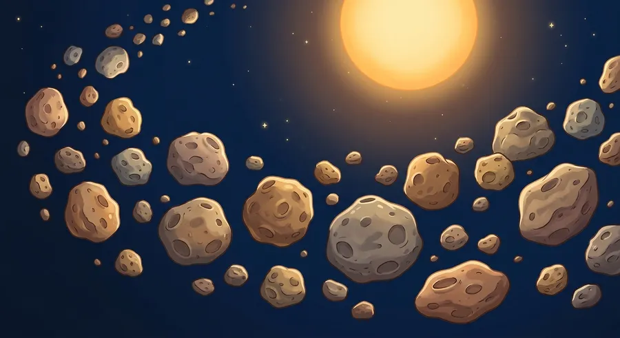 Rocky asteroids drifting through the asteroid belt in space
