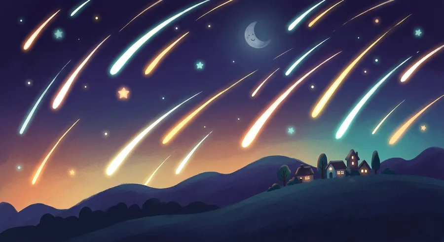 Streaks of shooting stars during a meteor shower in the night sky