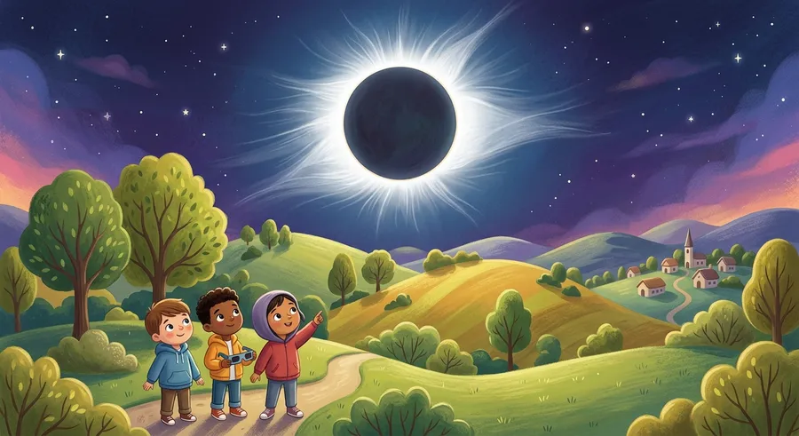 The Sun's white corona glowing around the dark Moon during an eclipse