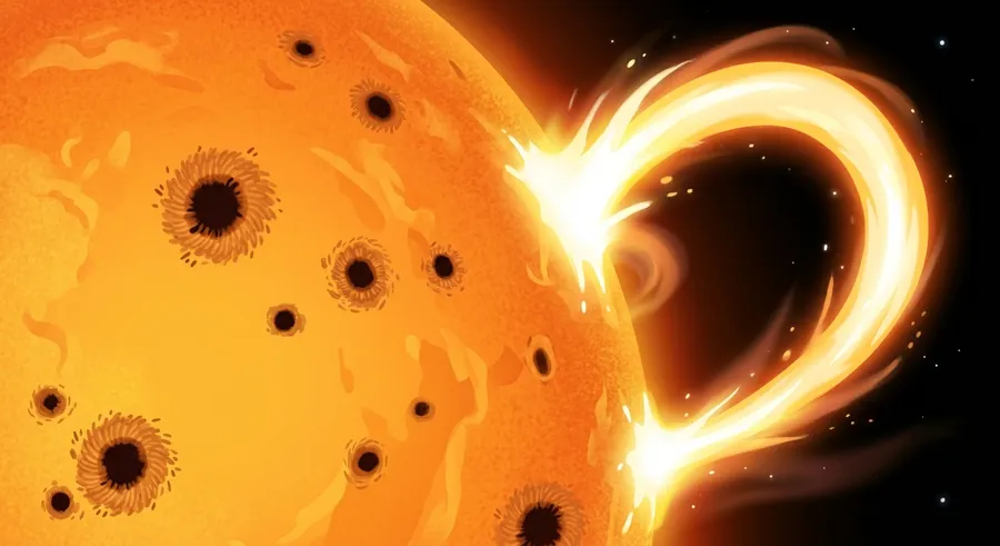 A bright solar flare erupting from the Sun's spotted surface