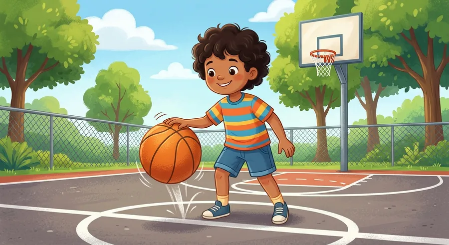 A child dribbling a basketball on a court