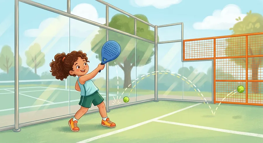A child playing a padel ball off the glass back wall