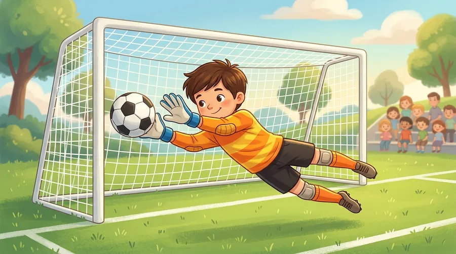 A goalkeeper diving to catch the ball in front of the net