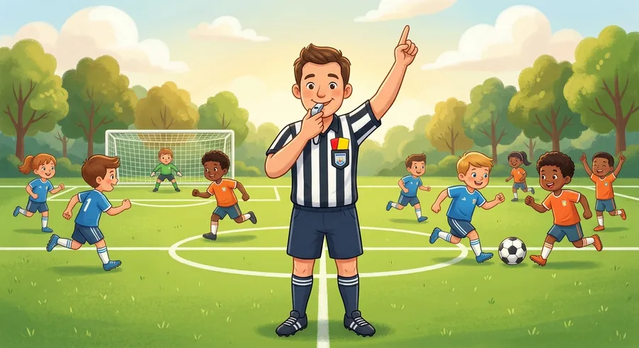 A referee in a striped shirt blowing a whistle on the field