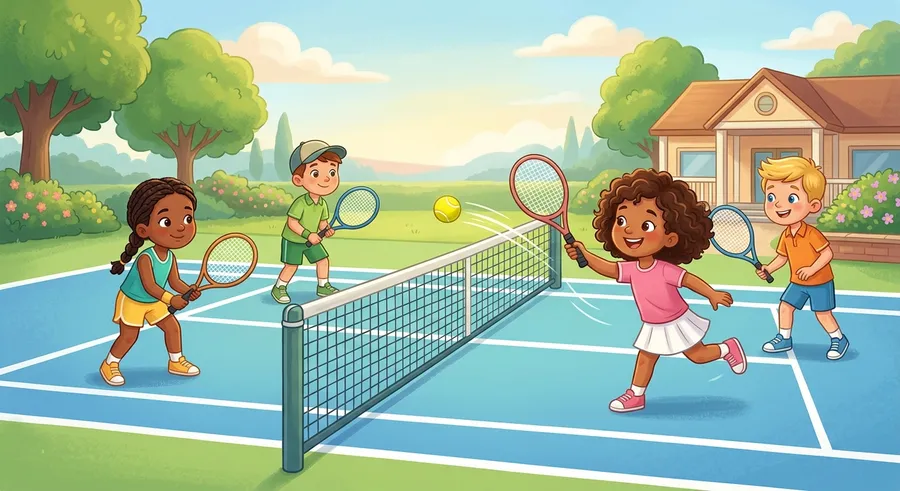 Children playing doubles tennis, two on each side