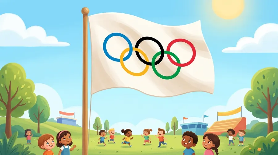 Five colorful interlocking rings, the Olympic symbol, on a waving flag