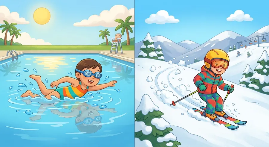 A scene split between a summer swimmer and a winter skier