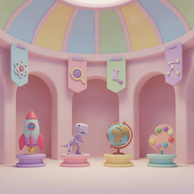 A colorful museum hall full of exhibits to explore
